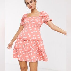 Puff Sleeve Coral Pink Polka Dot Mini Dress (Small)
